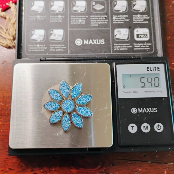 Vintage Mexico Alpaca Silver Crushed Inlay Turquoise Flower Brooch Pendant - Picture 6 of 6